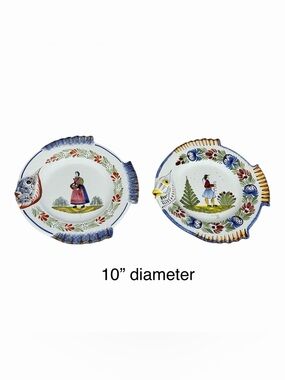 HB Henriot Quimper Fish Plates Set of 2 Hand Painted Signed Faience Breton Franc